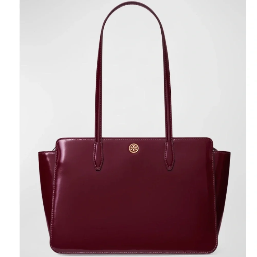NWT $448 Tory Burch Robinson Small Shiny Leather Tote Bag in Beetle Berry!